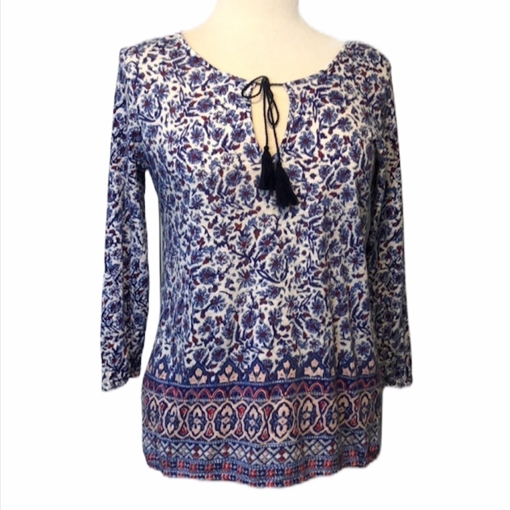 Lucky Brand Blue Print 3/4 Sleeve Bateau Neckline shirt Top Women’s Small